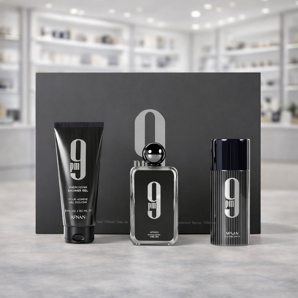 Kit Perfume Afnan 9PM 100ml + Desodorante Corporal 150ml + Gel de Ducha 100ml