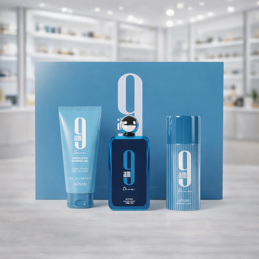 Kit Perfume Afnan 9AM Dive 100ml + Desodorante Corporal 150ml + Gel de Ducha 150ml